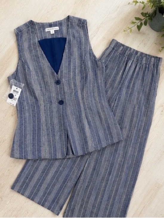 And Now This Pants - And Now This Blue Stripe Linen Blend Vest & Wide Leg Pants Set